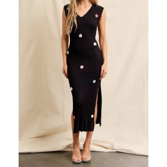 NWT Commense Knit Sleeveless Floral Midi Dress Crochet V-neck Black Medium - Picture 1 of 14